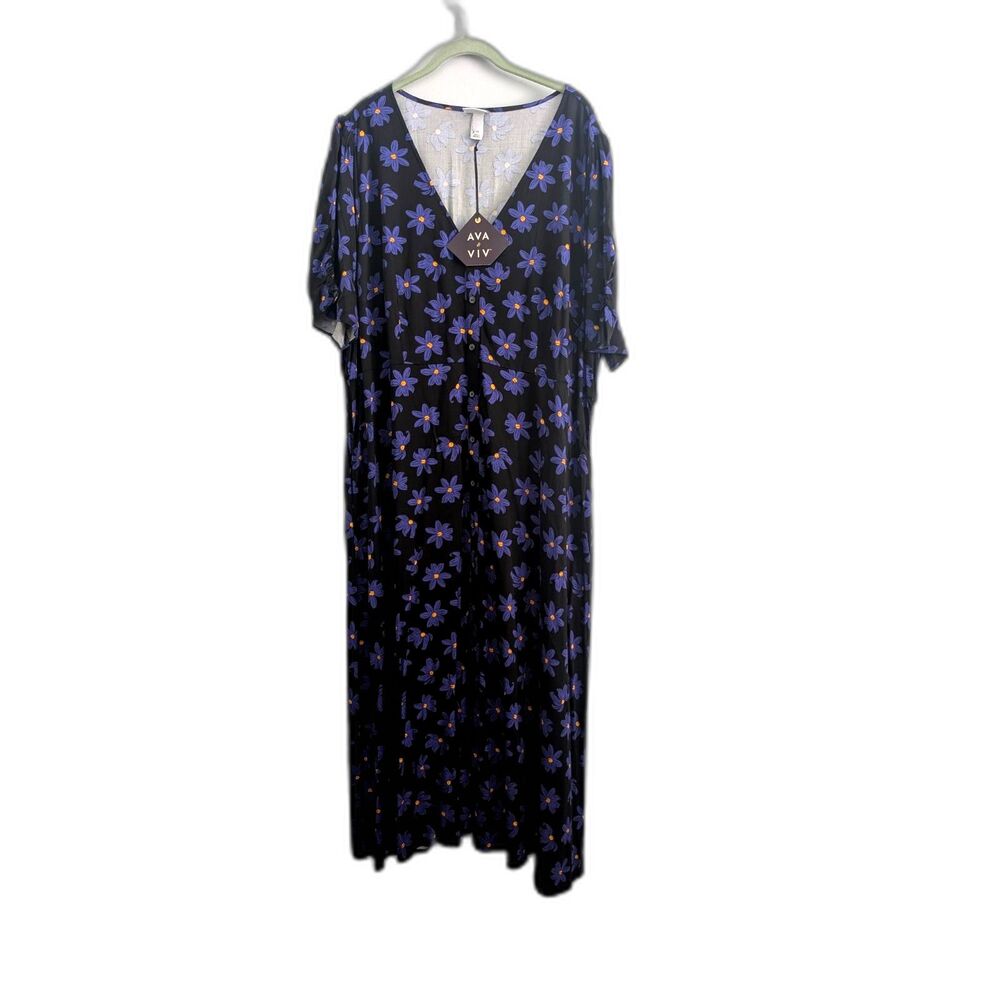 Ava & Viv Pull Over Black/Blue Floral Maxi Dress Size 2X